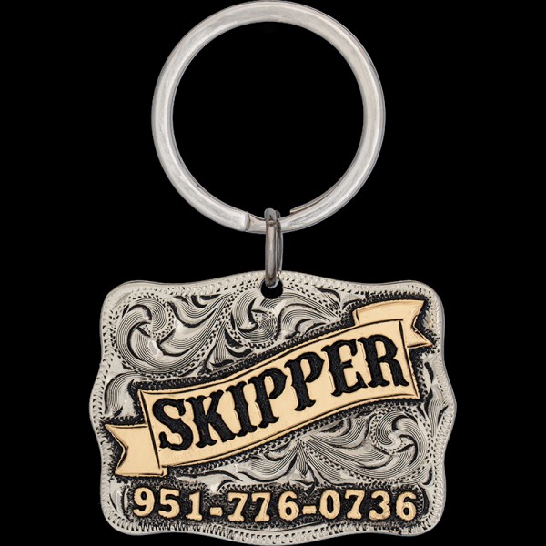 Meet the Skipper Custom Dog Tag! Crafted from durable German silver, featuring a stunning jewelers bronze banner adorned with sleek black letters. Order now!